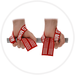Man lifting a barbell using Weight Lifting Wrist Straps V1 Red White