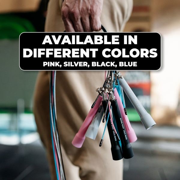 Adjustable Lightweight Jump Rope, shown in four colors: black, gray, light blue, and pink – Warm Body Cold Mind