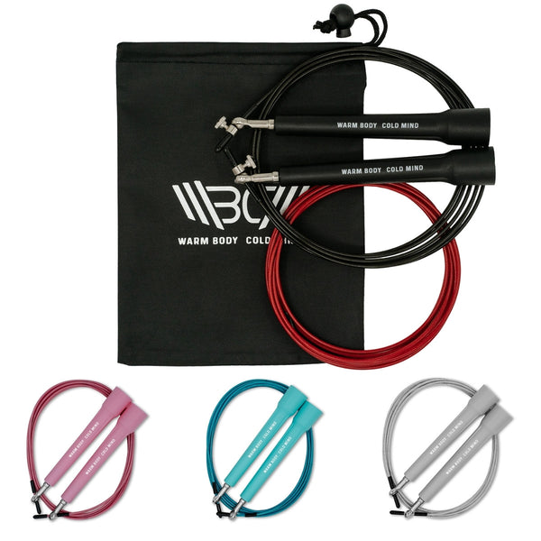 Adjustable Lightweight Jump Rope with carrying bag shown in four colors: black, gray, light blue, and pink – Warm Body Cold Mind