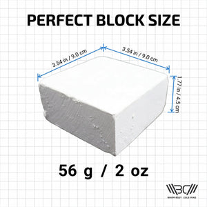 Block chalk measurement chart for a 'Perfect Block Size' with dimensions and weight on a grid background - Warm Body Cold Mind