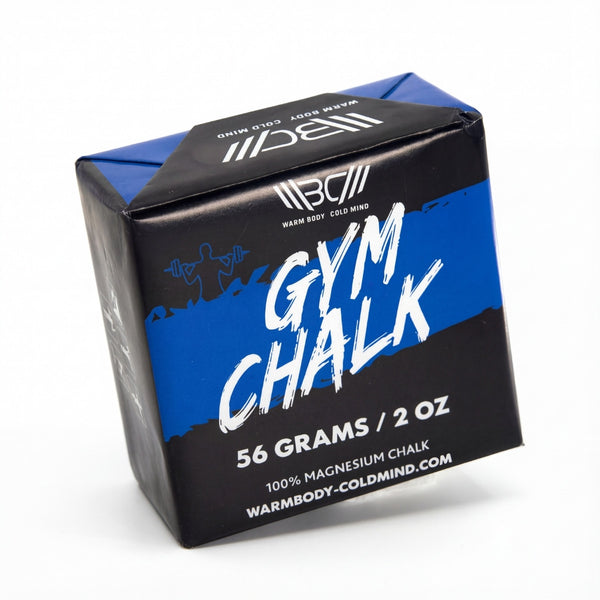 Box of gym block chalk with blue and black design on a white background- Warm Body Cold Mind