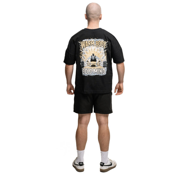 Cotton black T-Shirt Lift Off on lifter (back view) – Warm Body Cold Mind
