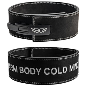 Weightlifting black Lever Belt with white "Warm Body Cold Mind" embroidery, metal quick-lock lever buckle with WBCM logo - Warm Body Cold Mind