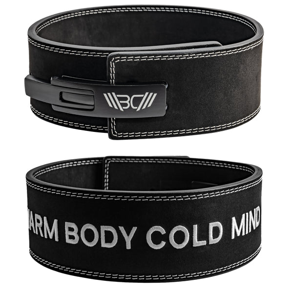 Weightlifting black Lever Belt with white "Warm Body Cold Mind" embroidery, metal quick-lock lever buckle with WBCM logo - Warm Body Cold Mind