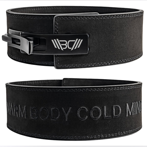 Weightlifting black Lever Belt with black "Warm Body Cold Mind" embroidery, metal quick-lock lever buckle with WBCM logo - Warm Body Cold Mind