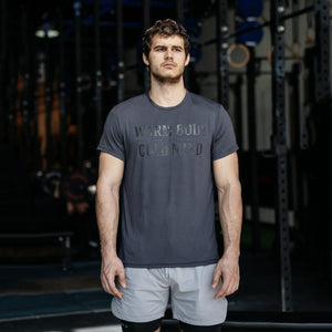 Man wearing a gray Soft Stretch Cotton T-Shirt - Warm Body Cold Mind