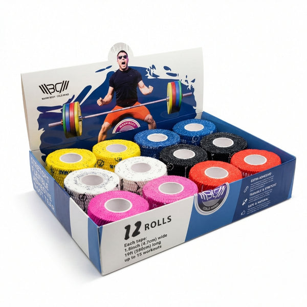 Box of 12 rolls of color mix tape (Black, White, Blue, Pink, Yellow, Red) with a person lifting weights on the packaging, featuring a red ribbon - Warm Body Cold Mind