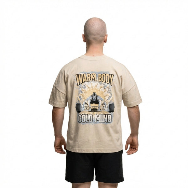 Cotton beige T-Shirt Lift Off on lifter (back view) - Warm Body Cold Mind