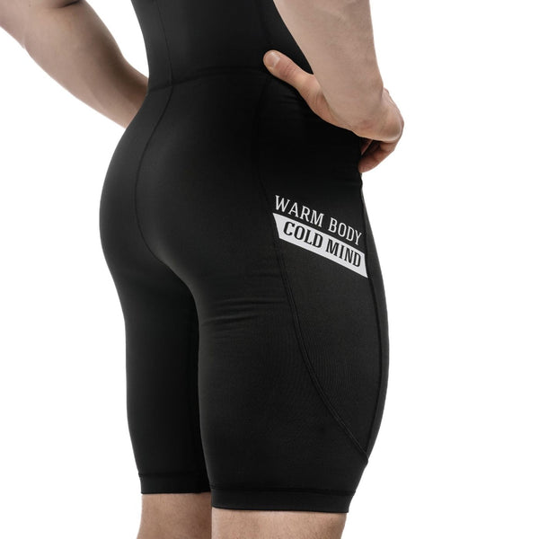 Black WEIGHTLIFTING COMPRESSION SINGLET S-4 on athlete (side view, close up) – Warm Body Cold Mind