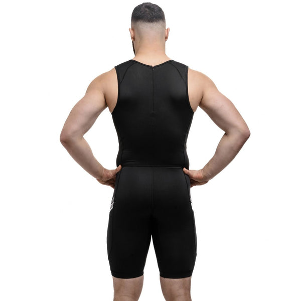 Black WEIGHTLIFTING COMPRESSION SINGLET S-4 on athlete (back view) – Warm Body Cold Mind