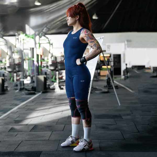 Person wearing blue WOMENS WEIGHTLIFTING COMPRESSION SINGLET S-3 - Warm Body Cold Mind