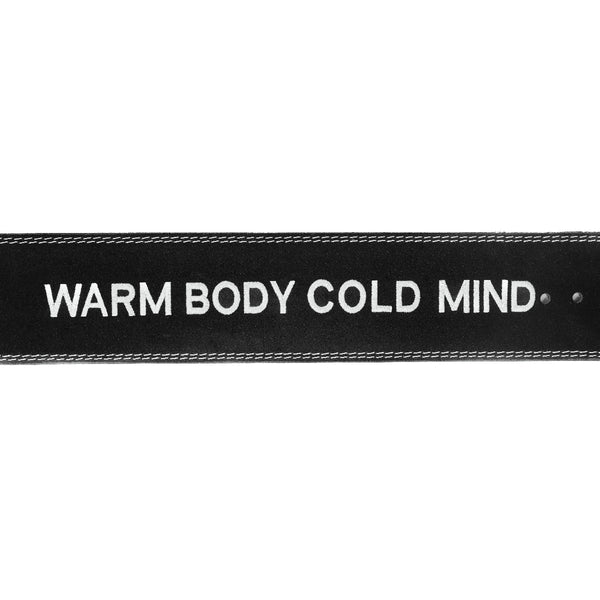 Weightlifting black Lever Belt with "Warm Body Cold Mind" embroidery, close-up view - Warm Body Cold Mind
