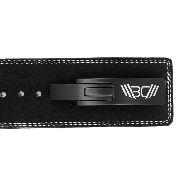 Weightlifting black Lever Belt, metal quick-lock lever buckle with WBCM logo, close-up view - Warm Body Cold Mind