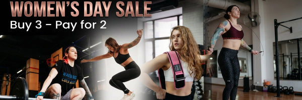 Advertisement for a women's day sale with fitness-themed images of women exercising - Warm Body Cold Mind
