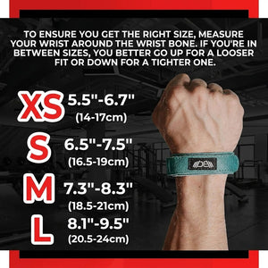Size guide graphic for a wrist wrap bracelet, showing measurements for XS, S, M, and L in centimeters and inches, alongside a model's raised fist wearing the teal bracelet on a dark gym background - Warm Body Cold Mind