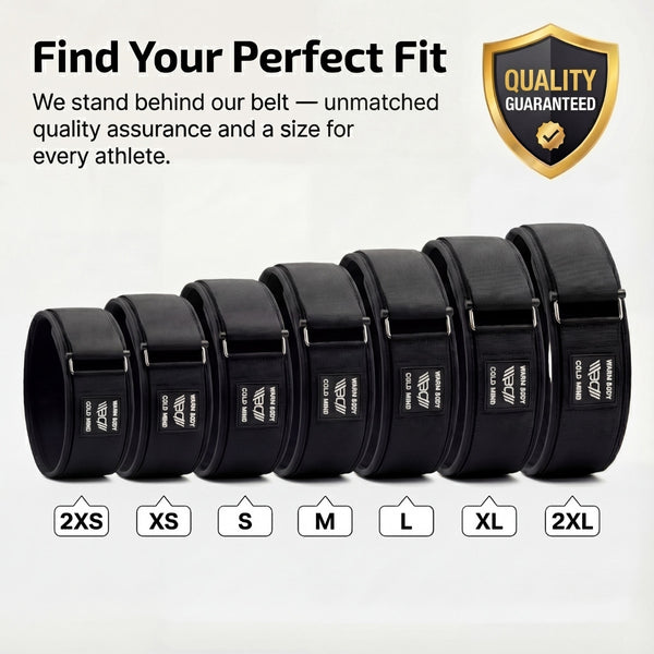 Set of Black 4″ weightlifting Nylon Belts 2.0 with size labels on a white background, featuring a quality assurance badge  - Warm Body Cold Mind