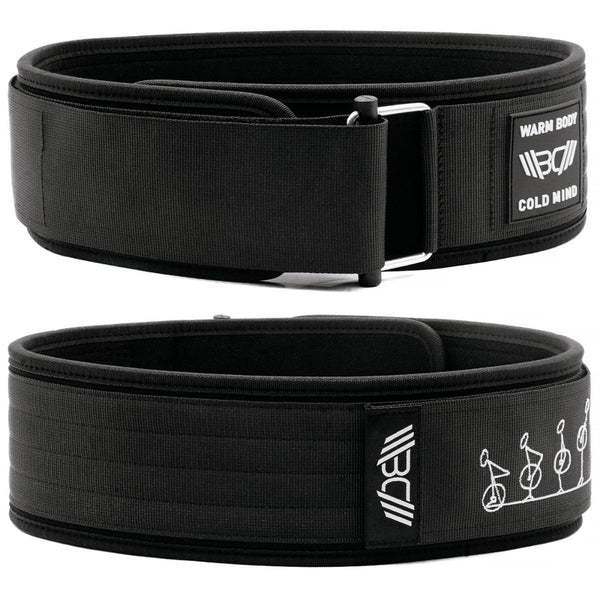 Black 4″ weightlifting Nylon Belt 2.0 with WBCM logo on a white background - Warm Body Cold Mind