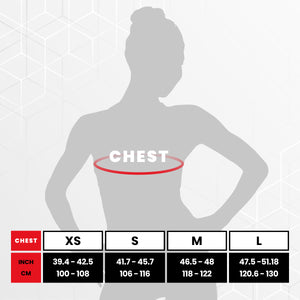 Measurement chart for chest size with a silhouette of a person and measurement ranges - Warm Body Cold Mind