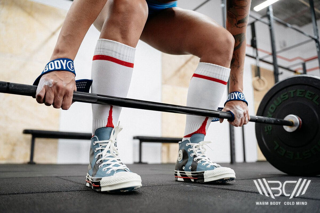 Training deadlift long socks in use